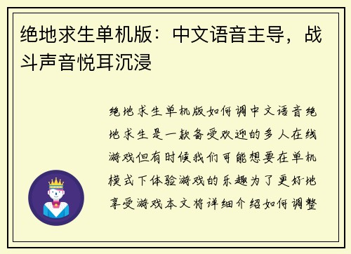 绝地求生单机版：中文语音主导，战斗声音悦耳沉浸